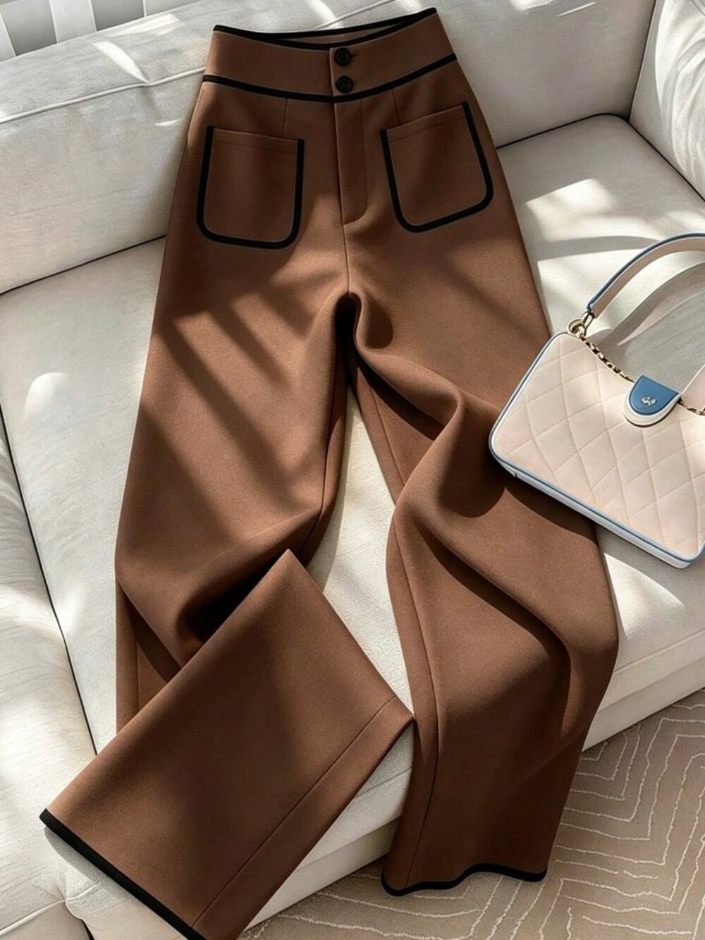 Coffee Brown Casual Women's Wide Leg Suit Pants with Button Waist, Patch Pockets